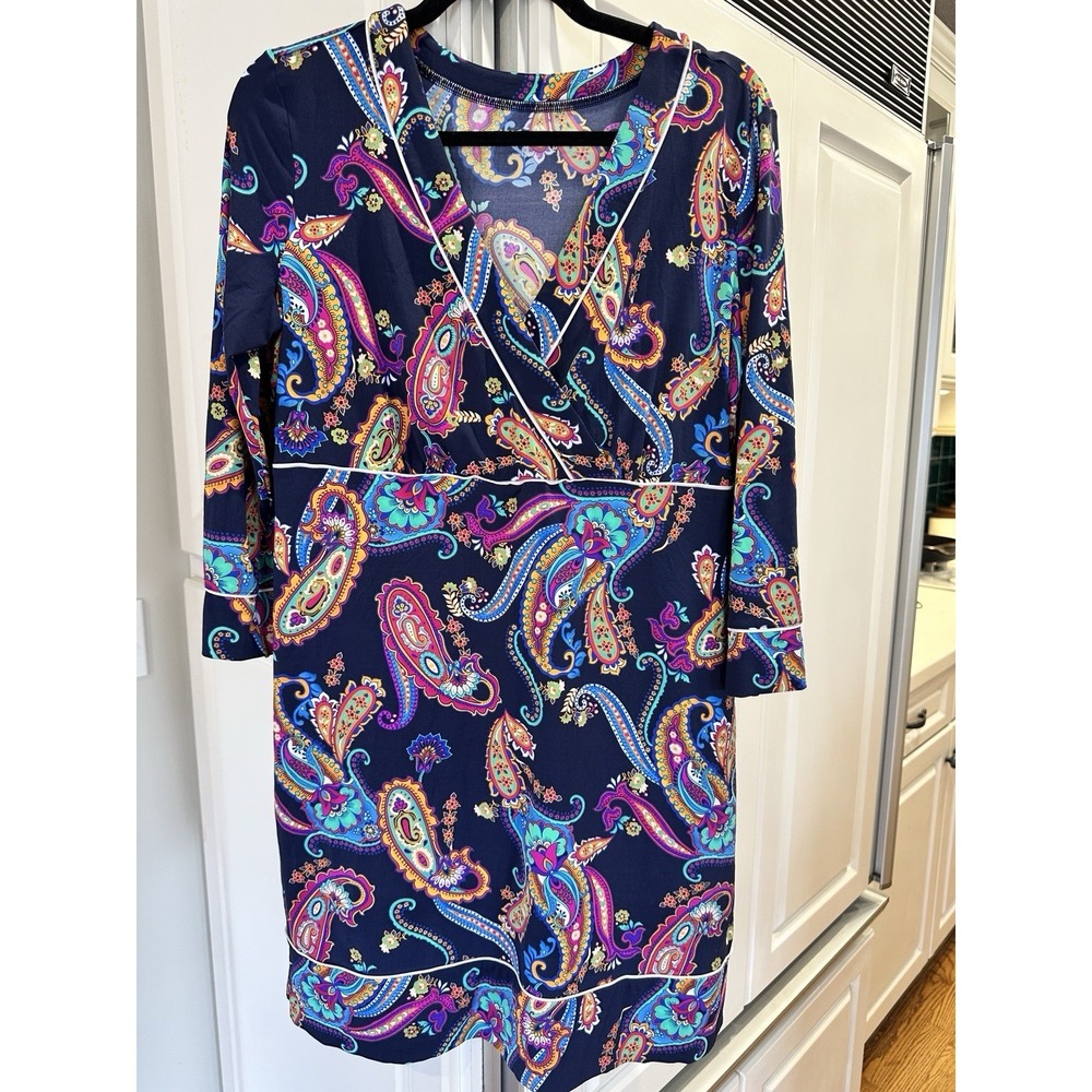 Lands' End Stretch Nylon Dress Women Size M Blue Paisley Slinky Surplice Sheath
